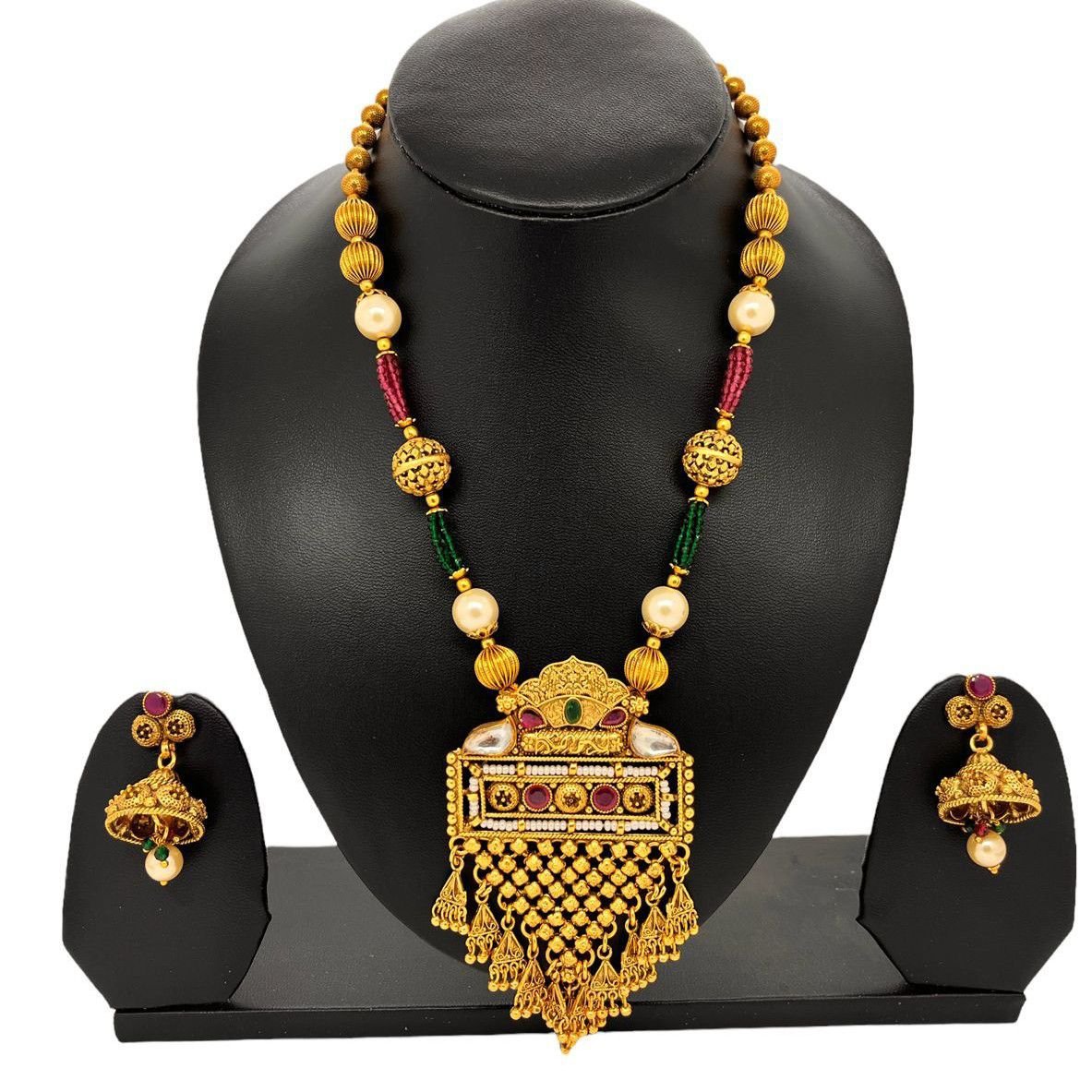 Gold Plated Pearl Beaded Big Pendant Necklace Jhumka Earrings bridal j –  Indian Designs